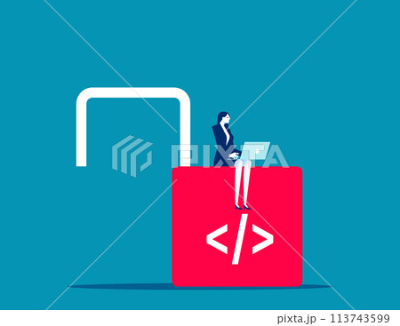 Programmer working using computer laptop working on unlock lock with coding symbol Programmer working using computer laptop working on unlock lock with coding symbol 113743599