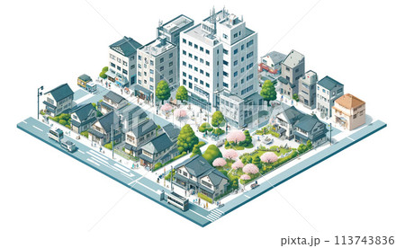 東京スタイルの病院と公園のある街並み 東京スタイルの病院と公園のある街並み 113743836