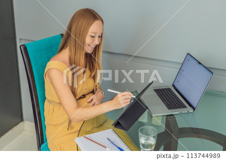 Beautiful pregnant woman working on laptop. Young businesswoman working in her office 113744989
