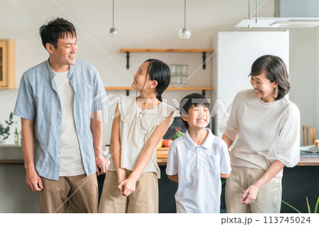 楽しそうにおしゃべり・話す4人家族・ファミリー 楽しそうにおしゃべり・話す4人家族・ファミリー 113745024