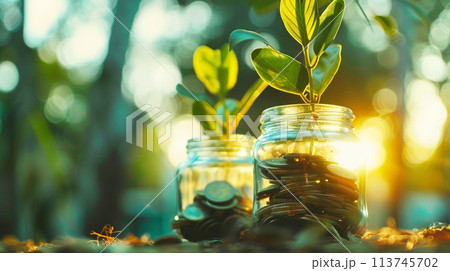 将来のためにお金を節約する、お金と植物が成長する AI生成画像 113745702