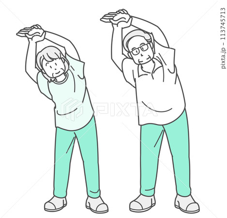 ストレッチをするシニア夫婦のイラスト（半袖） 113745713