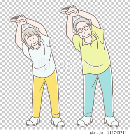 Illustration of a senior couple stretching (short sleeves) 113745714