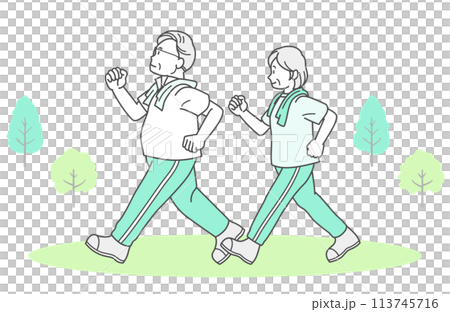 ウォーキングをするシニア夫婦のイラスト(半袖) ウォーキングをするシニア夫婦のイラスト(半袖) 113745716