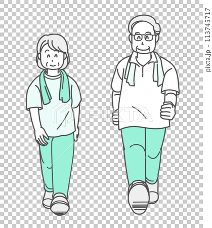 ウォーキングをするシニア夫婦のイラスト(半袖) ウォーキングをするシニア夫婦のイラスト(半袖) 113745717