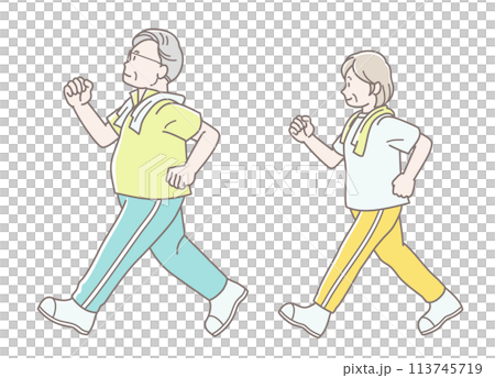 ウォーキングをするシニア夫婦のイラスト（半袖） 113745719