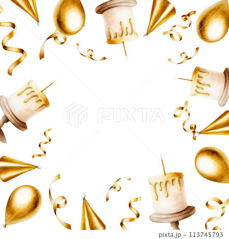 Watercolor golden frame with ribbon and streamer for birthday gifts, cap, foil balloons, holiday cake with candle. Hand drawn confetti for party decoration isolated on background. Shiny template 113745793