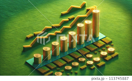 ビジネス成長を金色のコインで表現した棒グラフ ビジネス成長を金色のコインで表現した棒グラフ 113745887