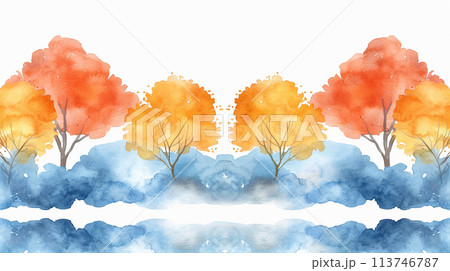 秋の紅葉と水面の映り込みの水彩画表現