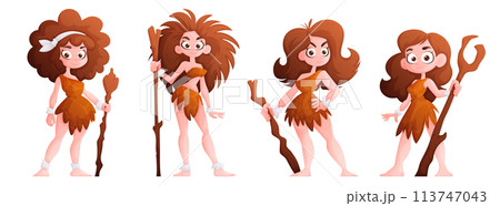 Primitive woman character, prehistoric primitive people in stone age cartoon set. Neanderthal girl in the skin of an animal with a club in her hand. Isolated vector illustration Primitive woman character, prehistoric primitive people in stone age cartoon set. Neanderthal girl in the skin of an animal with a club in her hand. Isolated vector illustration 113747043