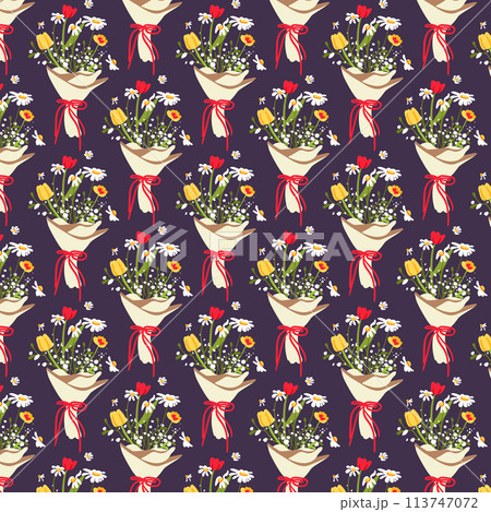 Pattern seamless brown background summer bouquet Field spring yellow red flowers Wallpaper textile clothing Flat vector illustration 113747072