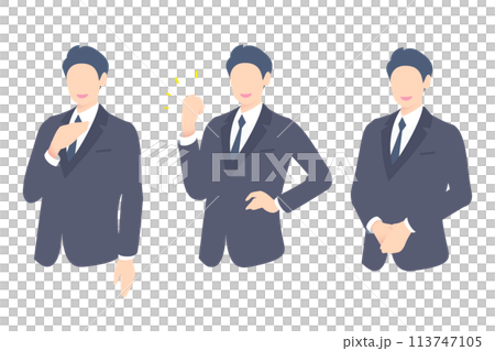 説明案内、ガッツポーズ、かしこまるビジネスパーソン上半身 113747105