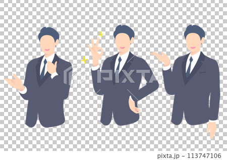 商務人士的上半身提出建議，給出 OK 手勢，並給出解釋和指導 113747106