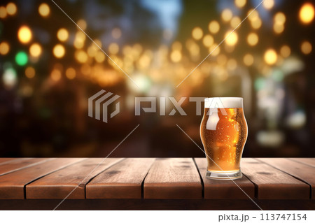 Generative ai on theme of foamy German beer in large glass mug for celebration holiday Oktoberfest 113747154