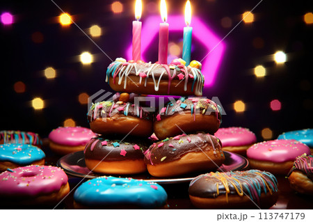 Generative ai on theme of big candlestick with burning candles for celebration holiday Hanukkah 113747179