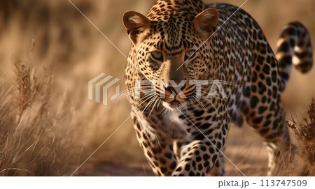 Ferocious carnivore leopard walking and hunting at the savannah desert background. Ferocious carnivore leopard walking and hunting at the savannah desert background. 113747509