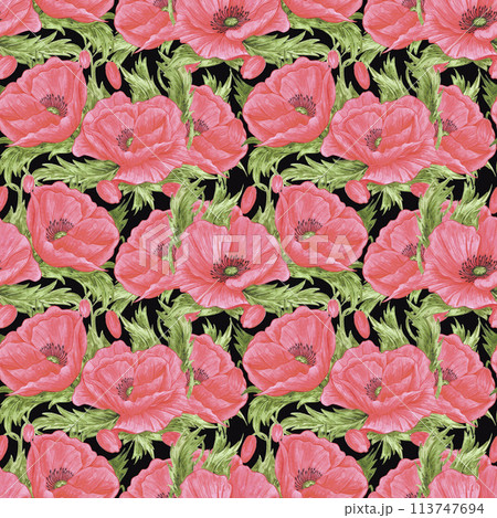 Hand drawn watercolor red poppy flowers with green leaves seamless pattern isolated on black background. Can be used for textile, fabric and other printed products. 113747694