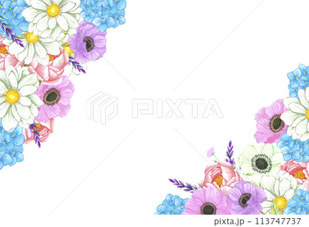 Hand drawn watercolor flowers bouquet frame border isolated on white background. Can be used for post card, label and other printed products. Hand drawn watercolor flowers bouquet frame border isolated on white background. Can be used for post card, label and other printed products. 113747737