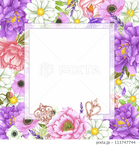 Hand drawn watercolor flowers with vintage keys frame border isolated on white background. Can be used for post card, label and other printed products. 113747744