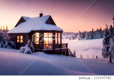 Landscape of winter snowy field and a fancy hut...のイラスト素材 [113747792 ...