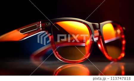 Fancy trendy modest red color dark lens man or woman fashionable attractive sun glasses at the studio shot dark background. 113747818