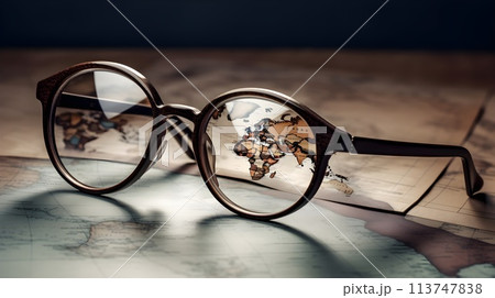 Classic brown color transparent lens man or woman fashionable attractive reading glasses and a maps of africa. Classic brown color transparent lens man or woman fashionable attractive reading glasses and a maps of africa. 113747838