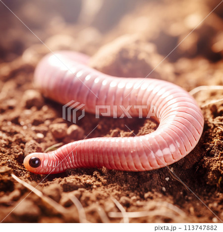 Beautiful big wild earthworm looking forward is shown in full length, Ai generated 113747882