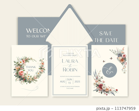 Luxury wedding invitation card background with watercolor flower and botanical leaves. Luxury wedding invitation card background with watercolor flower and botanical leaves. 113747959