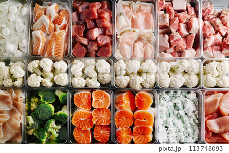 A variety of fresh, colorful vegetables arranged neatly in a transparent storage container, including broccoli, carrots, and bell peppers. 113748093
