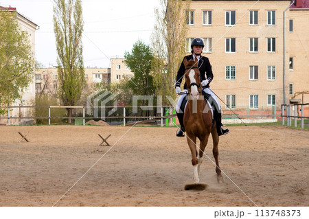 Equestrian rider and horse in action in city arena 113748373