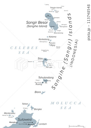 Sangihe Islands, an Indonesian archipelago, gray political map. Also Sangir, Sanghir or Sangi Islands, north of Sulawesi, between Celebes and Molucca Sea, with active volcanoes Mt. Awu and Mt. Ruang. Sangihe Islands, an Indonesian archipelago, gray political map. Also Sangir, Sanghir or Sangi Islands, north of Sulawesi, between Celebes and Molucca Sea, with active volcanoes Mt. Awu and Mt. Ruang. 113748548