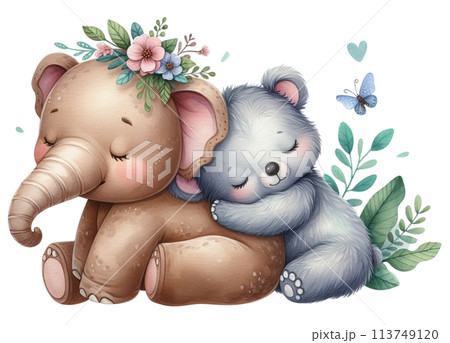 Bear sleeping on elephant's back 113749120