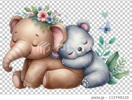 Bear sleeping on elephant's back 113749120