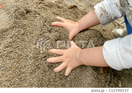 砂場遊びをする子供の手 砂場遊びをする子供の手 113749137