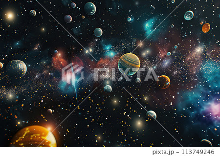 Generative ai on theme of parade of planets in solar system, bright stars glow in atmosphere 113749246
