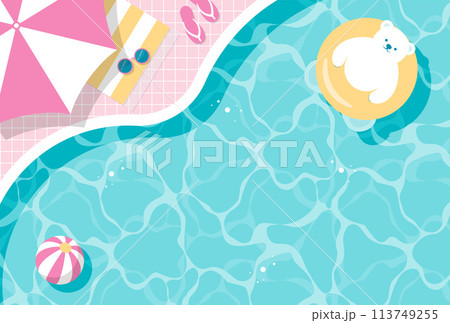 夏のプールに浮かぶ浮き輪をつけたシロクマの背景イラスト 113749255