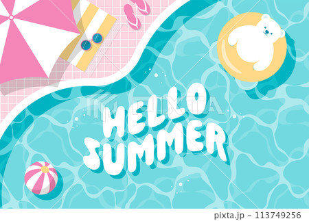 夏のプールに浮かぶ浮き輪をつけたシロクマの背景イラスト 夏のプールに浮かぶ浮き輪をつけたシロクマの背景イラスト 113749256