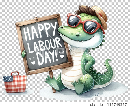 Crocodile holding a sign labour day Crocodile holding a sign labour day 113749357