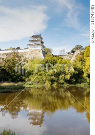 兵庫県、明石市、池に写る明石城 113749405