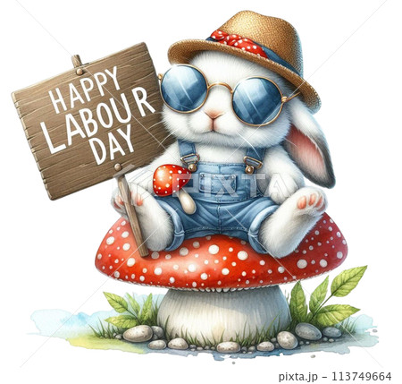 Rabbit holding a sign labour day a mushroom Rabbit holding a sign labour day a mushroom 113749664