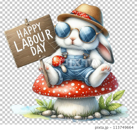 Rabbit holding a sign labour day a mushroom Rabbit holding a sign labour day a mushroom 113749664