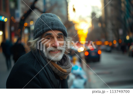 The portrait of survival, a homeless man with twinkling eyes, confronts each day with a grin 113749700