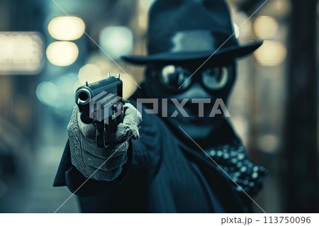Generative ai on theme of a man aims through the sight of combat metal pistol to hit the target 113750096