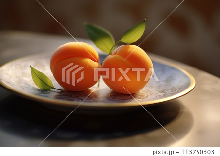 Juicy delicious apricot lies on a beautiful plate, Ai generated 113750303
