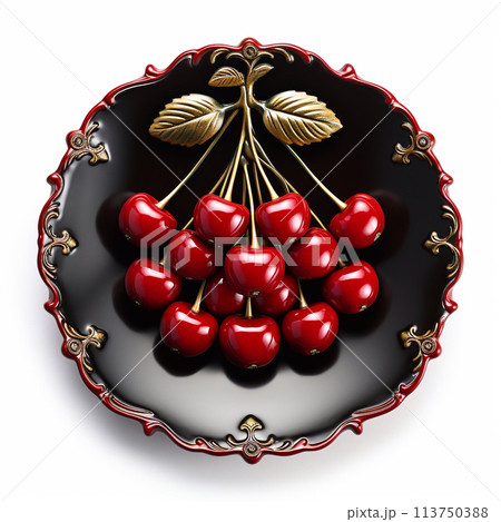 Juicy delicious cherry lies on beautiful plate, Ai generated 113750388