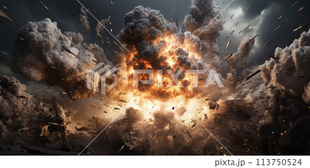A detailed of an explosion scene, emphasizing pulverized effect with finely dispersed debris and particles 113750524
