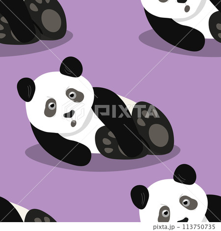 Seamless pattern with cute panda baby on color background. Funny asian animals. Card, postcards for kids. Flat vector illustration for fabric, textile, wallpaper, poster, gift wrapping paper 113750735