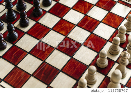 Chess on the board before the game starts. Chess pieces, duel, strategy, game concept. 113750767
