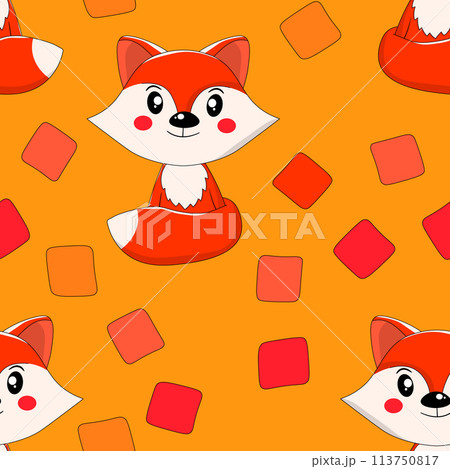Seamless pattern with cute fox baby on color background. Funny forest animals. Card, postcards for kids. Flat vector illustration for fabric, textile, wallpaper, poster, paper Seamless pattern with cute fox baby on color background. Funny forest animals. Card, postcards for kids. Flat vector illustration for fabric, textile, wallpaper, poster, paper 113750817