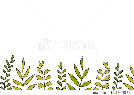 Floral frame with colorful exotic branches on white background. Ornate border with tropic leaves. Vector stock illustration for wallpaper, posters, card. Doodle style. Copy space. 113750821